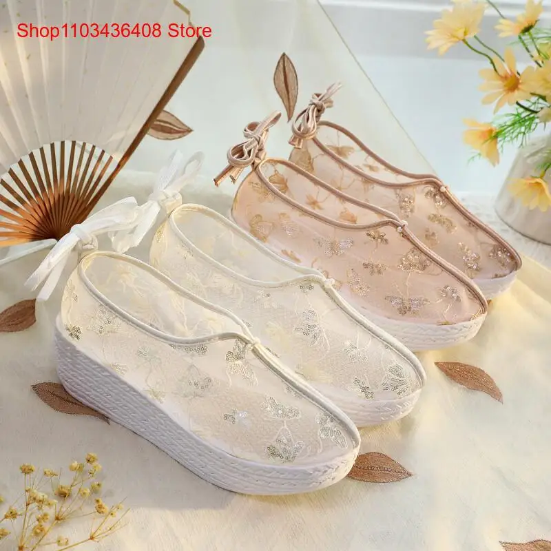 Women's New Lightweight Thick-Soled Ethnic Style Cloth Shoes Butterfly Heavy Industry Satin Embroidered Shoes