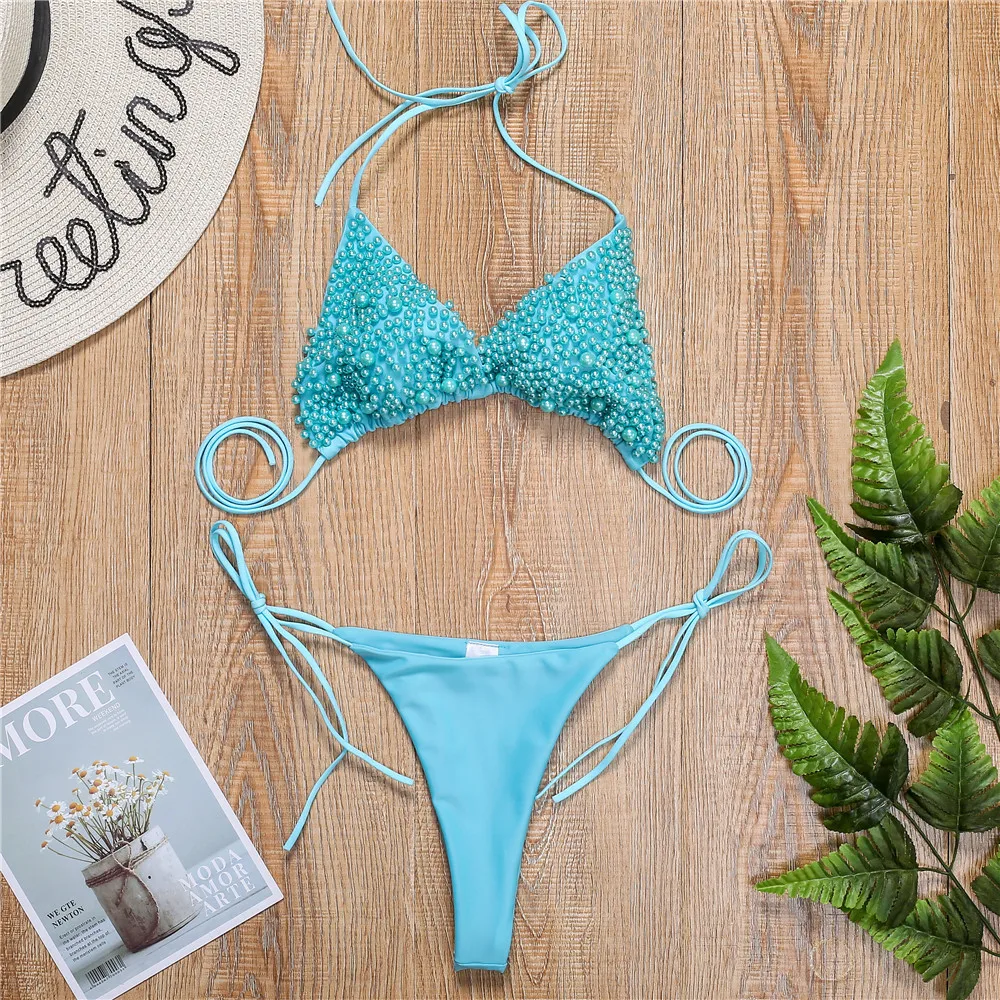 Luksusowe seksowne bikini Faux Pearl strój kąpielowy brazylijskie stroje kąpielowe damskie bikini zestaw regulowany kostium kąpielowy damski strój kąpielowy typu Halter