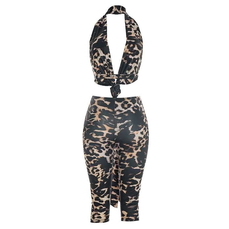 New Fashion Sexy Deep V Neck Leopard Print Women's with Strap Hanging Neck Design Top+Pants Two Set