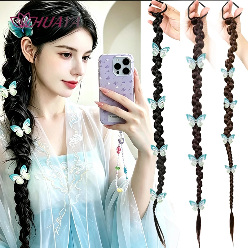 Tie-On Braided Ponytail Wig with Blue Butterfly Clips Synthetic Hair Extension for Hanfu Wedding