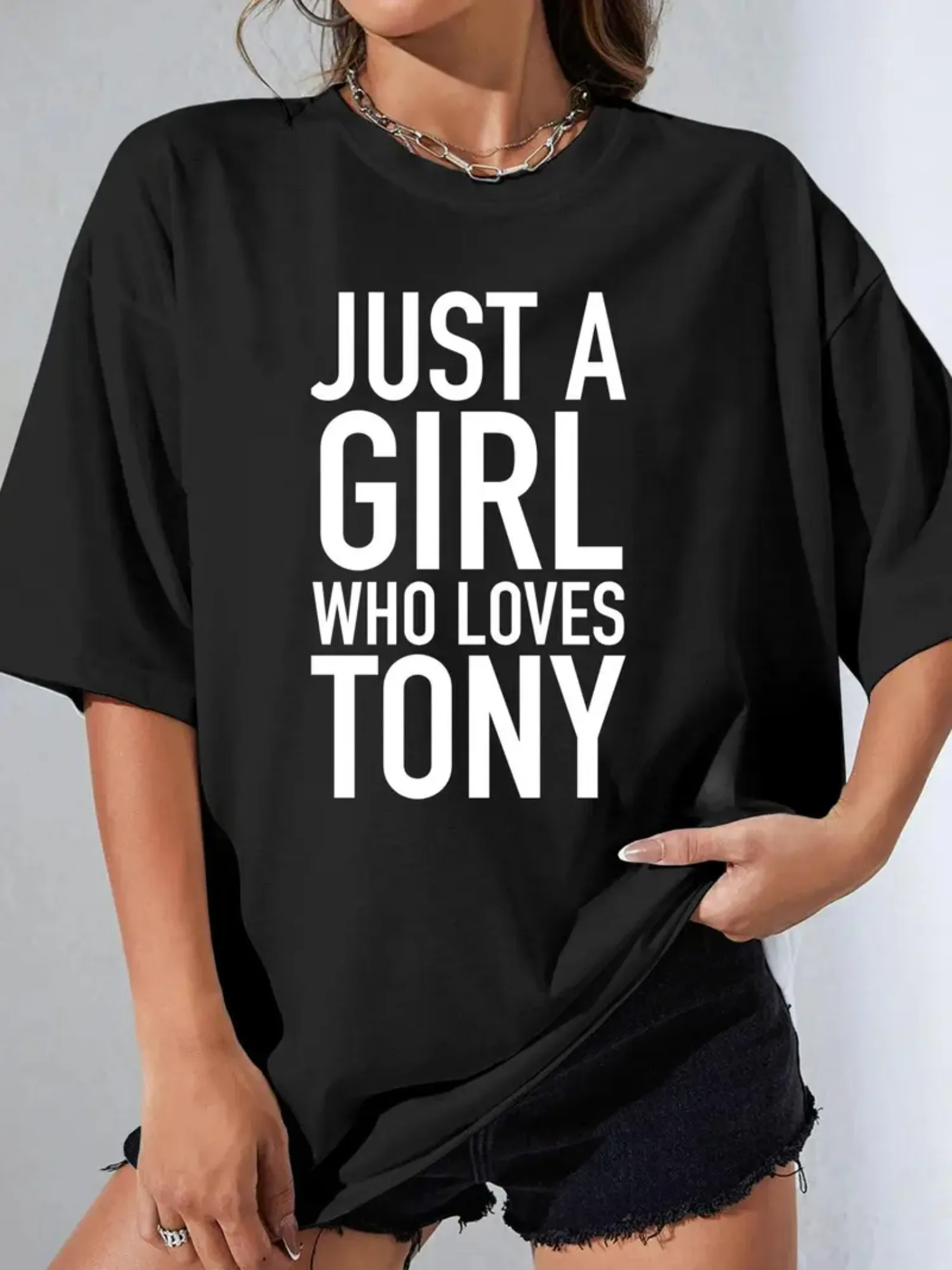 

Just a Girl Who Loves Tony T-Shirt, Fashionable Loose-Fit Crew Neck Short-Sleeve T-Shirt, Super Soft Breathable Cotton Casual Top, Perfect for Valentine's Day, Birthday Gift for Wife, Tony's Fan