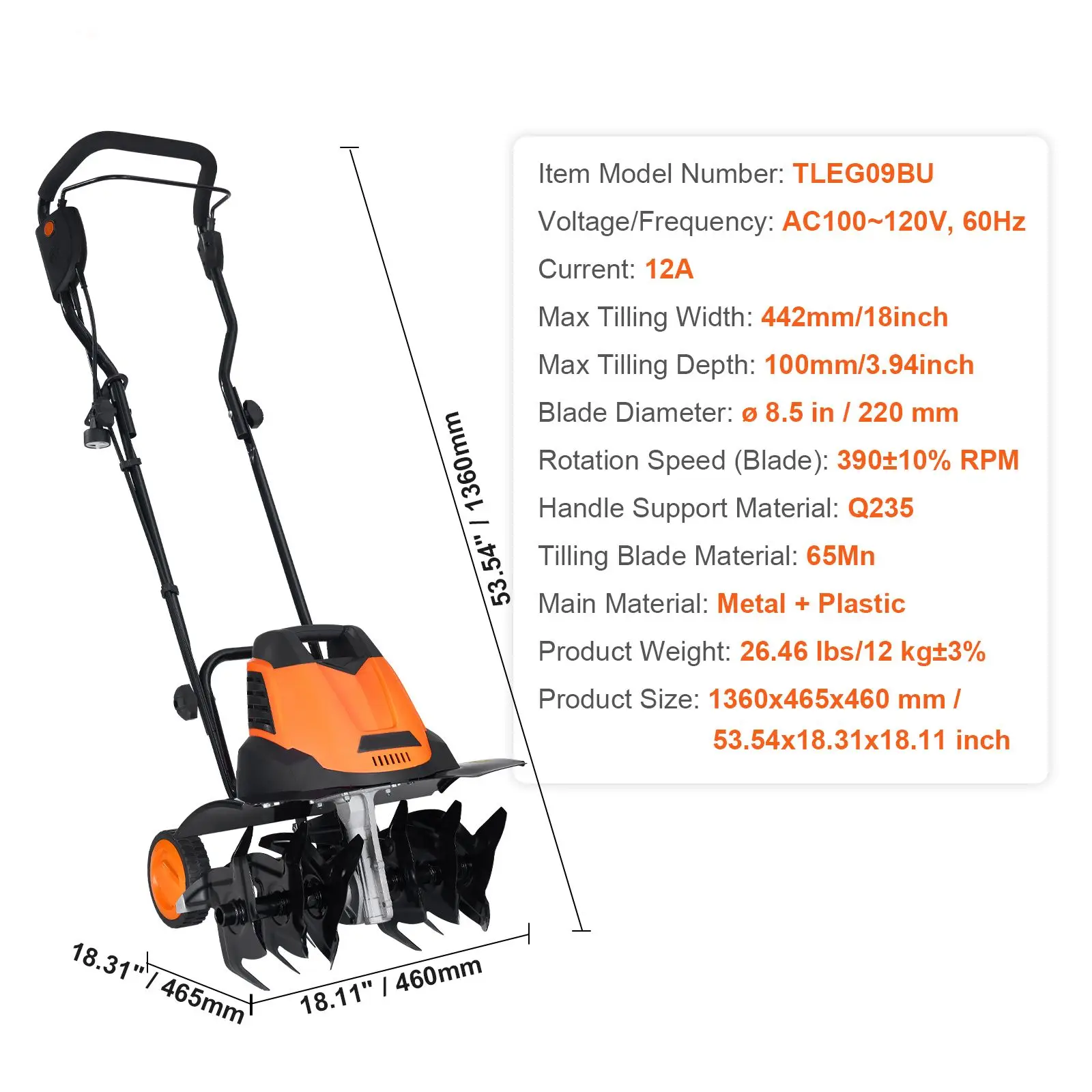 12 Amp Electric Tiller, 18