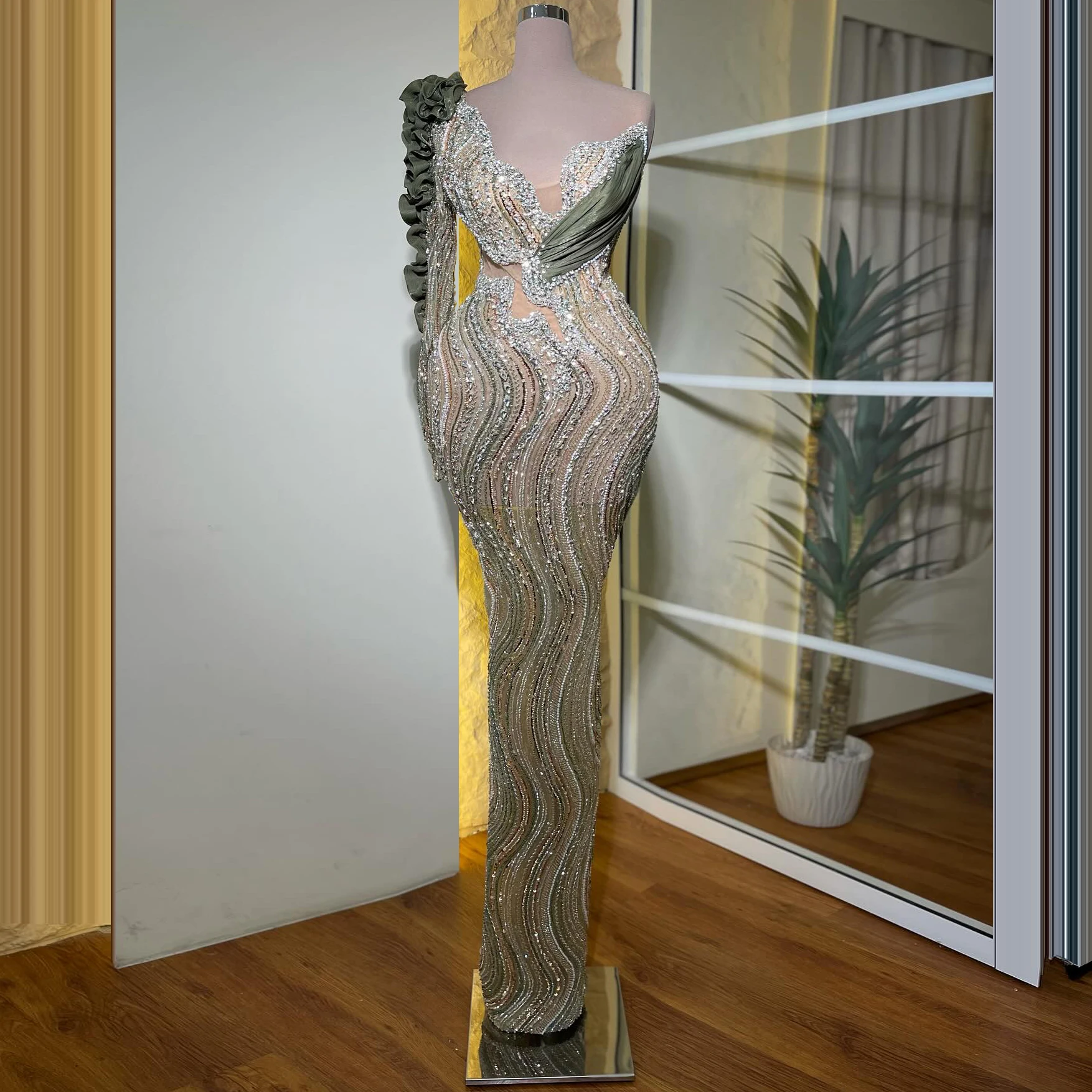 

Elegant Green Mermaid Evening Dress One Shoulder Long Sleeve Celebrity Dress Crystal Beaded Prom Party Dress Customized 2025