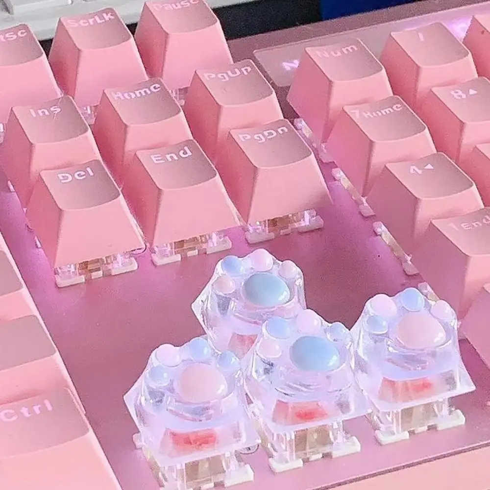1/4 Pcs Cute Translucent Cat Paw Keycap Cross Axis Pink Blue Mechanical Keyboard Key Cap Resin Cartoon ESC WASD Keycaps