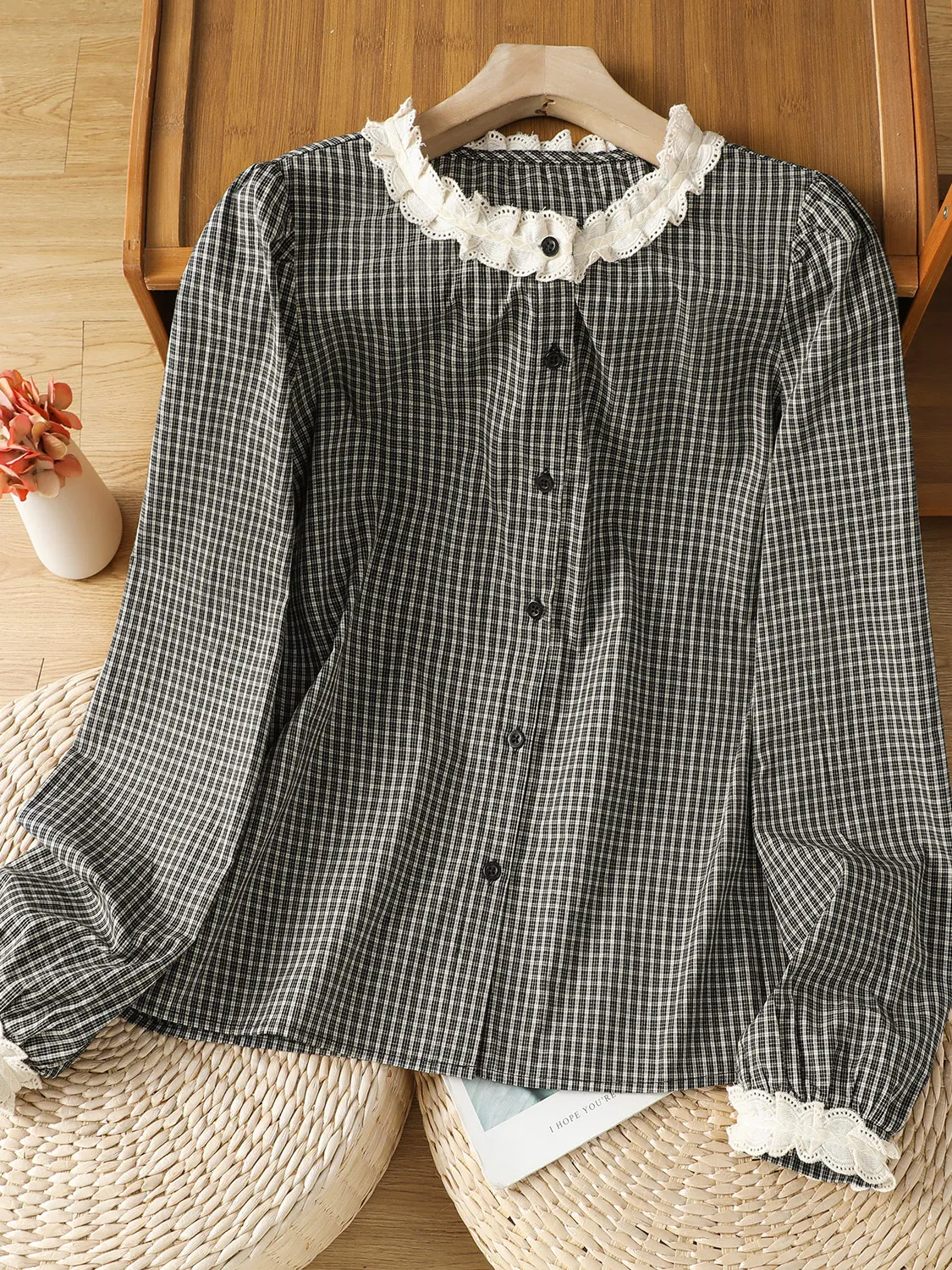 

Retro Korean Japanese Lace Collar Plaid Loose Fit Long Sleeve Women's Shirt plus Size Inner Wear Breathable Pure Cotton