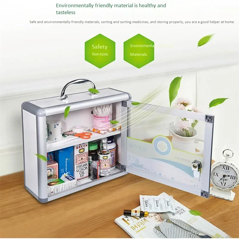 ติดผนังชุดปฐมพยาบาลกระเป๋าเดินทางแบบพกพาอลูมิเนียม PVC การแพทย์ฉุกเฉินกล่องเครื่องมือในครัวเรือนล็อคความปลอดภัยป้องกันกล่องยา