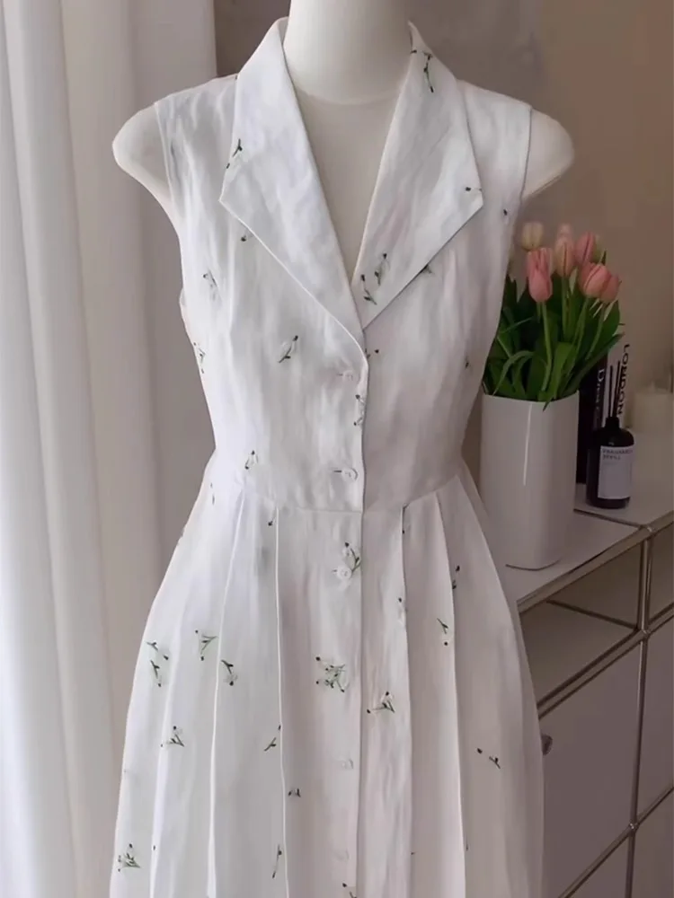 White Floral Vest Dr Women's Summer 2025 New Beach Vaion High Waist A-Line Midi Skirt French Sle No Sve Zipper Ba