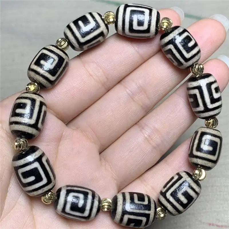 With Certificate, Natural Agate Genuine Weathering Pulp Black White Return Pattern Dzi Pendant Men's and Women's Bracelet Cr