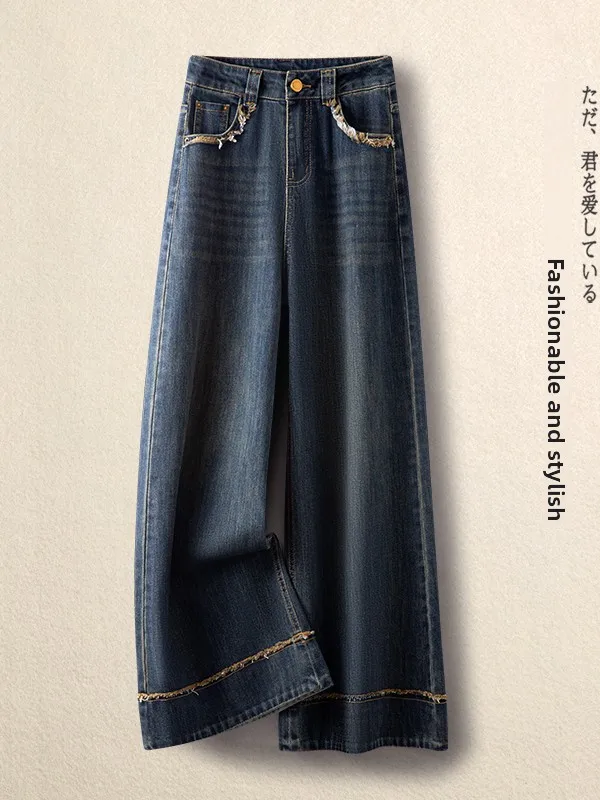 

Retro High Waist Wide Leg Denim Jeans Women's Spring Autumn New Loose Drapey Frayed Straight Cut Pants Ladies Jeans