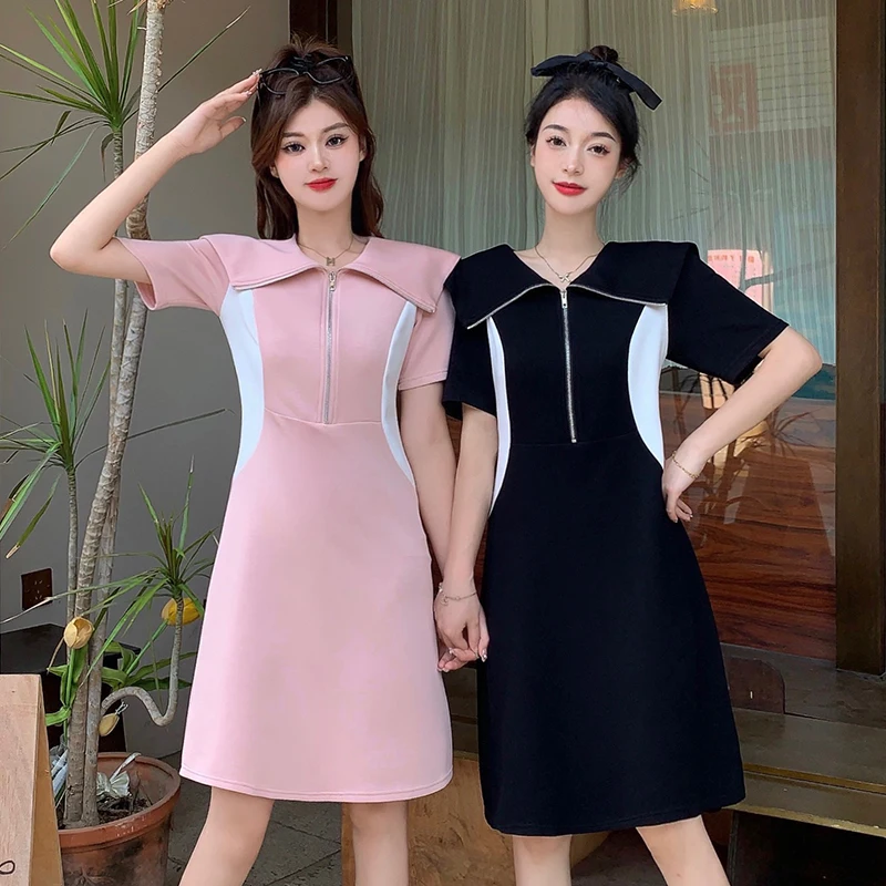 Women Cotton T-shirt Dresses Summer Female Navy Collar Short Sleeve Large Size Elegant A Line Black Pink Sport Run Slim Vestidos