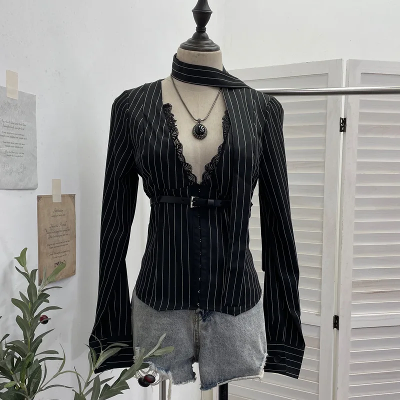 

ISAROSE Sexy Deep V Blouse for Women Striped Spring Autumn Lace Patchwork Long Sleeves High Waist Slim Short Tops with Scarf