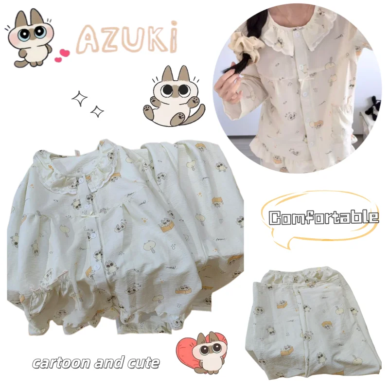 Azuki Schlafanzug, niedlich und mit Cartoon-Modedruck, bequem, feuchtigkeitsableitend, langärmelig, lange Hose, kann auch außerhalb der Hauskleidung getragen werden. – Detail 1