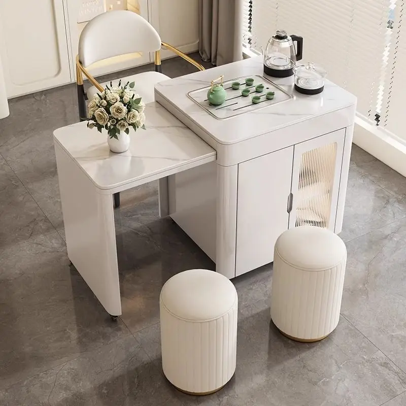 

Luxury rock slab multi-functional retractable tea table home balcony office small apartment mobile tea table light luxury cart