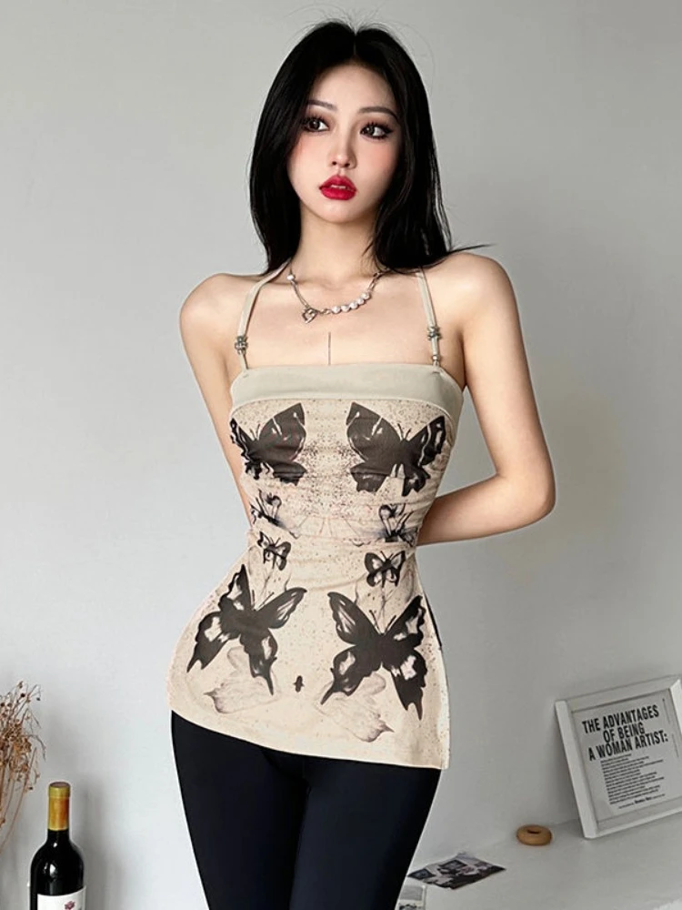 

HOUZHOU Butterfly Print Vintage Sexy Camis Women Korean Fashion Streetwear Design Bandage Split Slim Tssd Tops Summer 2024 Y2k