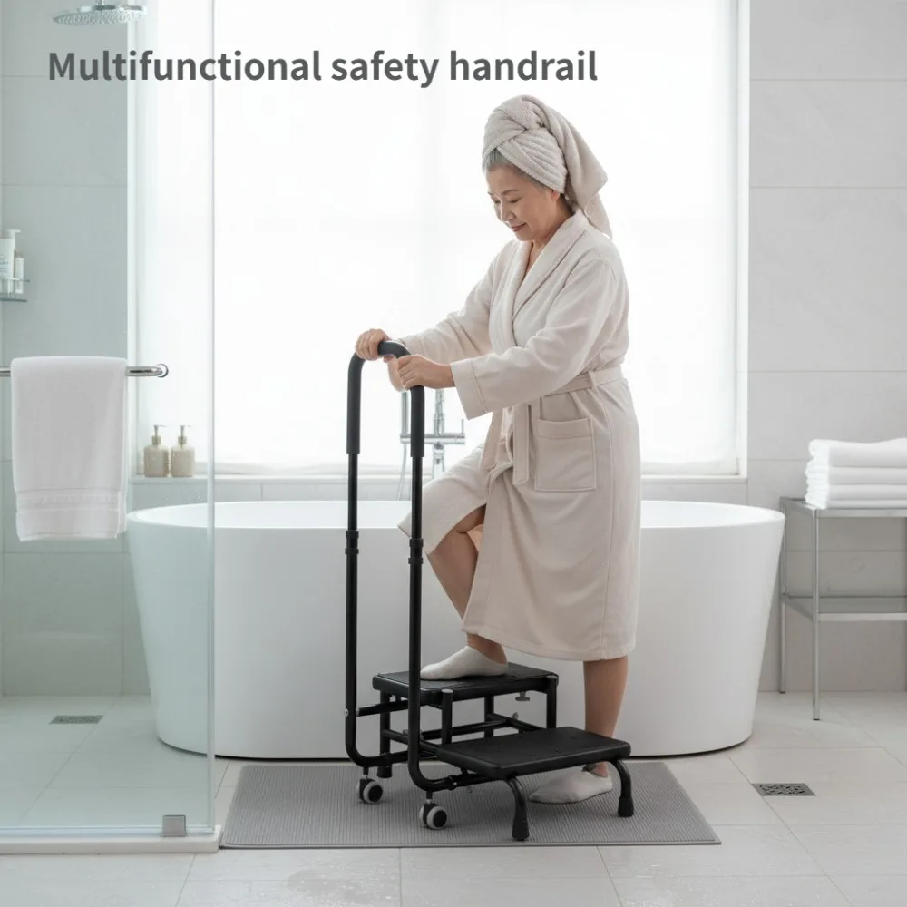 2-Step Stool with Handle Heavy Duty Anti Slip Foot Stool for Elderly Pregnant Women Kitchen Bathroom Bedroom Use