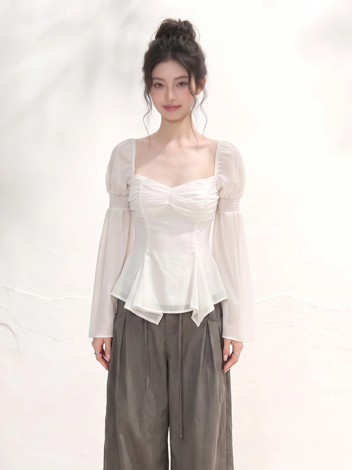 LIXIAOWAN Gentle Korean Style Square Collar Bell Sleeve Ruffle Hem Chiffon Top Women's Autumn Design Beautiful Top