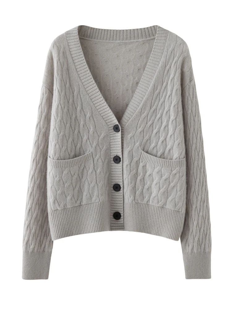 TLOML جديد الخريف الشتاء شيك المرأة 100% الكشمير تريكو كابل متماسكة الخامس الرقبة أزرار جيب سترة لينة الدافئة مريح سترة القمم