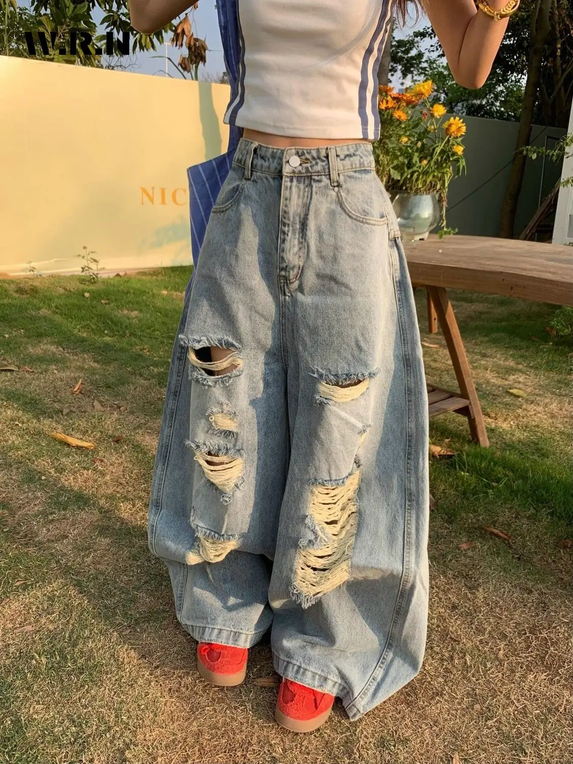 

Vintage Oversized Ripped Harajuku Loose Fit Jeans Y2K Kpop Style Wide Leg Trashy Pants Women's Damage Emo Baggy Denim Trouser