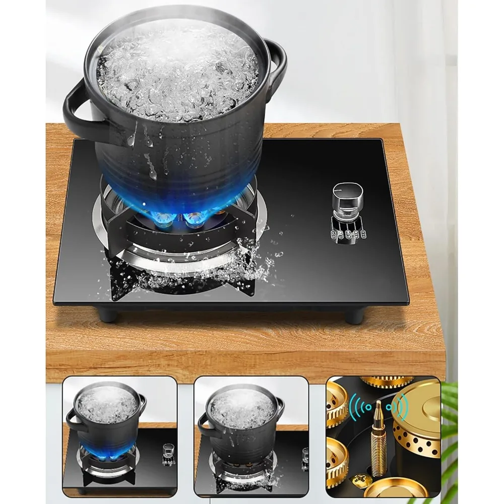 Gas cooktop Desktop Burner Cooker gas hob Built-in Kitchen Stove，Desktop Hob Cooking ， Black Tempered Glass/Stainless Steel Cook