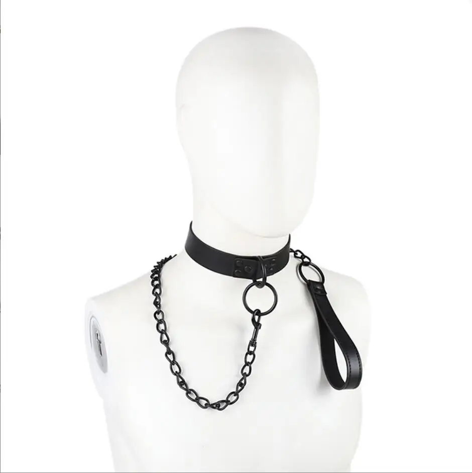 Leather Slave Collar Metal Chain Collar Fetish Neck Bondage Restraints Adult Games Sex Toys For Women Men SM Erotic Toys S2645