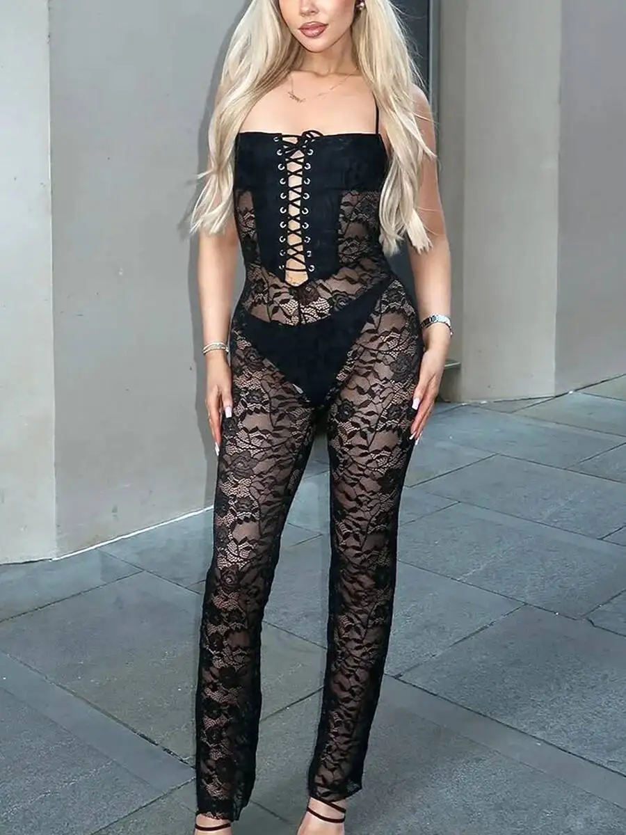 

Новый женский комбинезон, брюки, элегантный комбинезон с люверсами и кружевной отделкой, корректирующий фигуру, сексуальный комбинезон с открытыми плечами, очаровательные брюки T2IQ