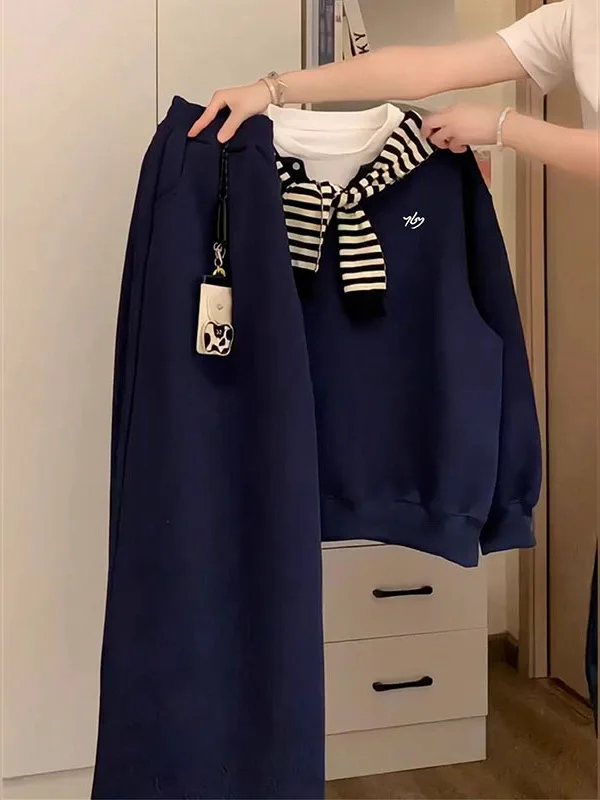 Plus Size Blaues Hoodie- und Hosen-Set, lässige Sportbekleidung für Damen, Long Sve Round Ne Pullover, zweiteilige Suite, Herbst, neue Ar...