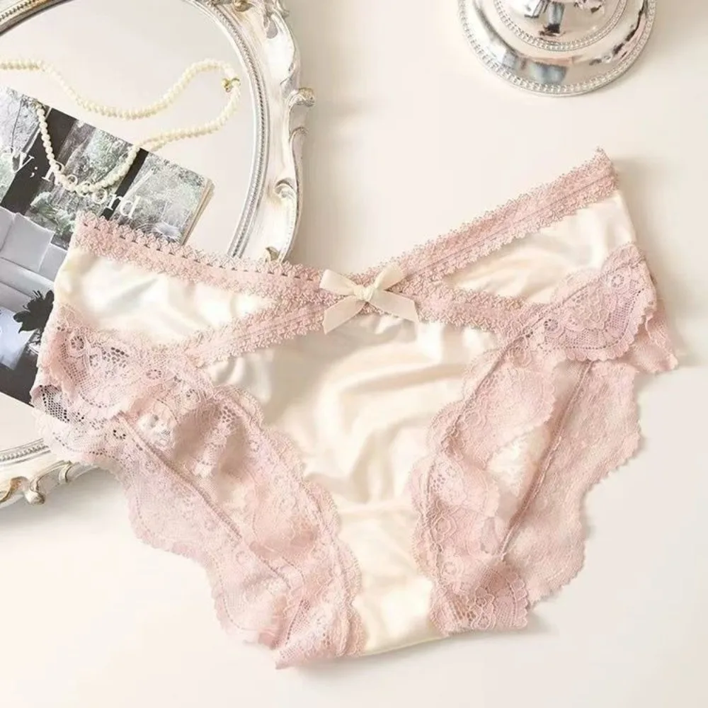 Cute Low Waist Lace Briefs Mesh Underwear Satin Silk Briefs French Style Sweet Triangle Panties Casual Wear