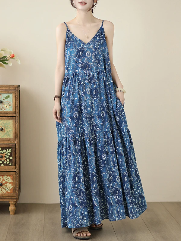 เสื้อกั๊กลายดอกไม้สไตล์เรโทรสำหรับผู้หญิง ชุดเดรสยาวทรงเอ ผ้าบางเบาใส่สบายช่วงฤดูร้อน ช่วยพรางหุ่นให้ดูเพรียวบาง แบบไม่มีแขน...