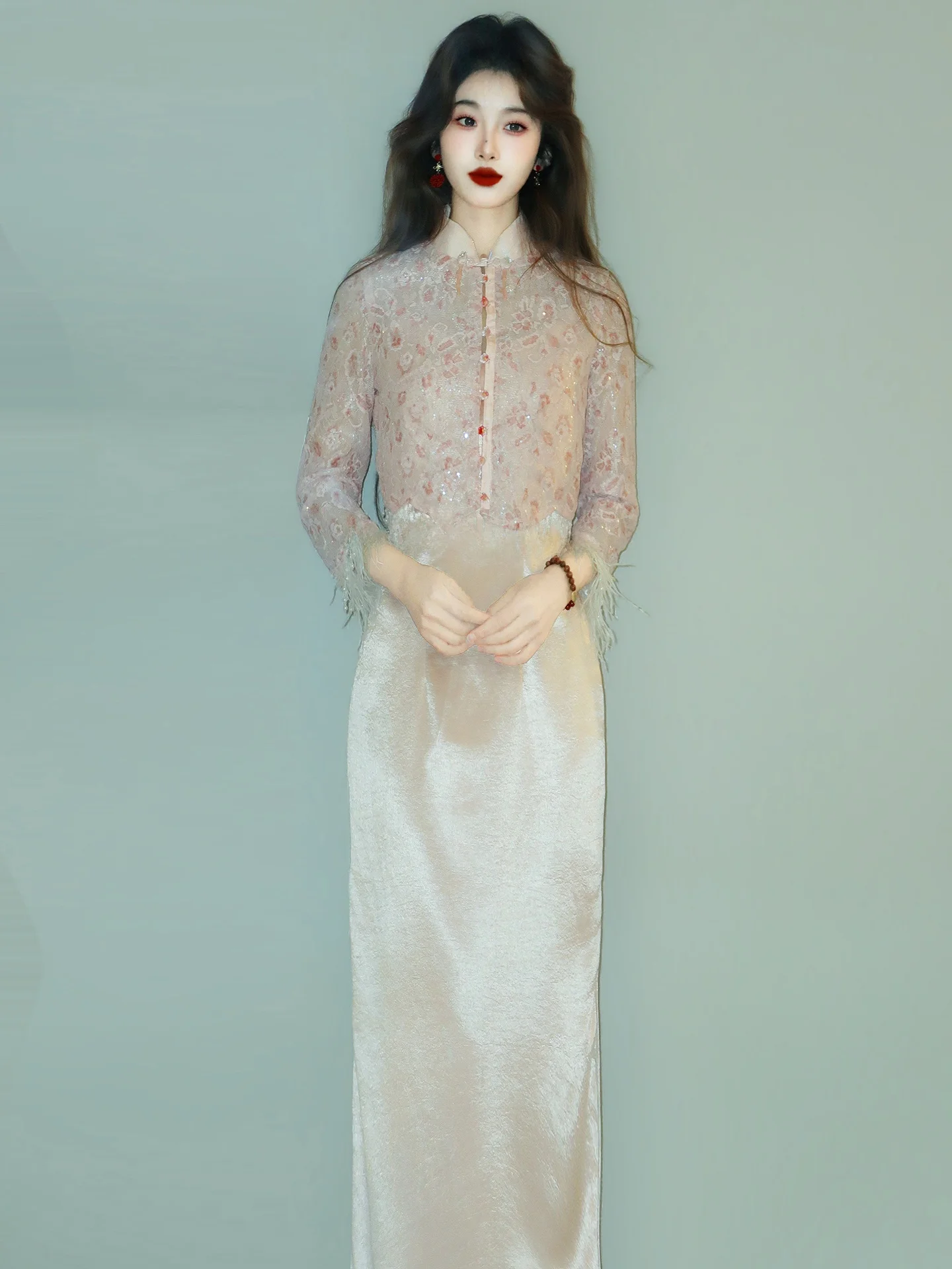 

Pink Spring Summer New Chinese Style Set Young Model Wedding Registration High End Elegant Long Sleeve Long Dress
