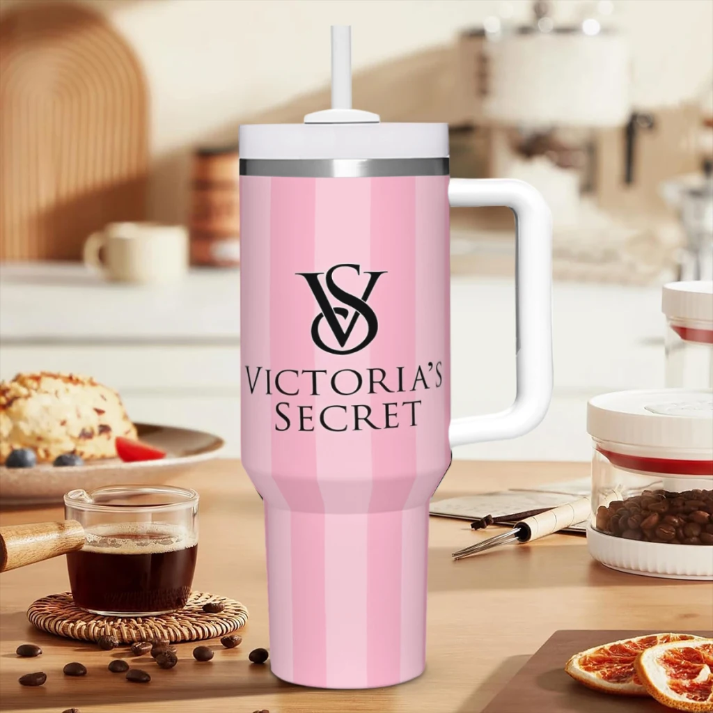 Pink-Victoria-S-Love-Secret 40oz Stainless Steel Car Mug With Handle Straw Thermal Iced Travel Cup Vacuum Insulated Coffee