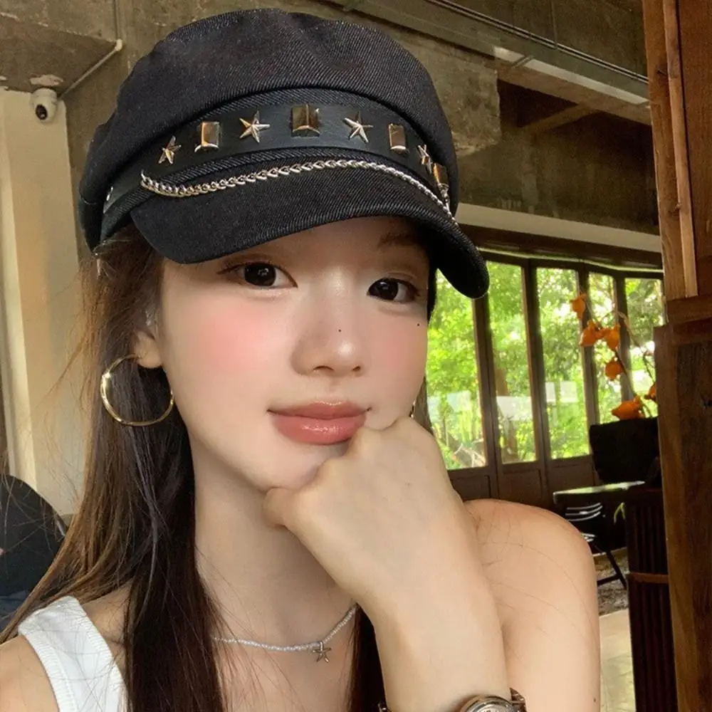 

Fashion Cloth Rivet Denim Beret Korean Style British Style Denim Octagonal Hat Artist Hat Cotton Retro Painter Hat Outdoor