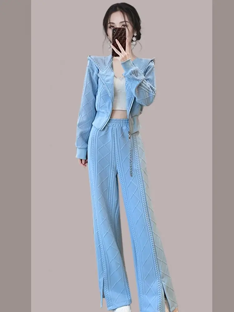 Set of Women's Autumn and Winter New Korean Version Loose Fitting Age Reducing Hooded Jacket Wide Leg Pants Two-piece Set