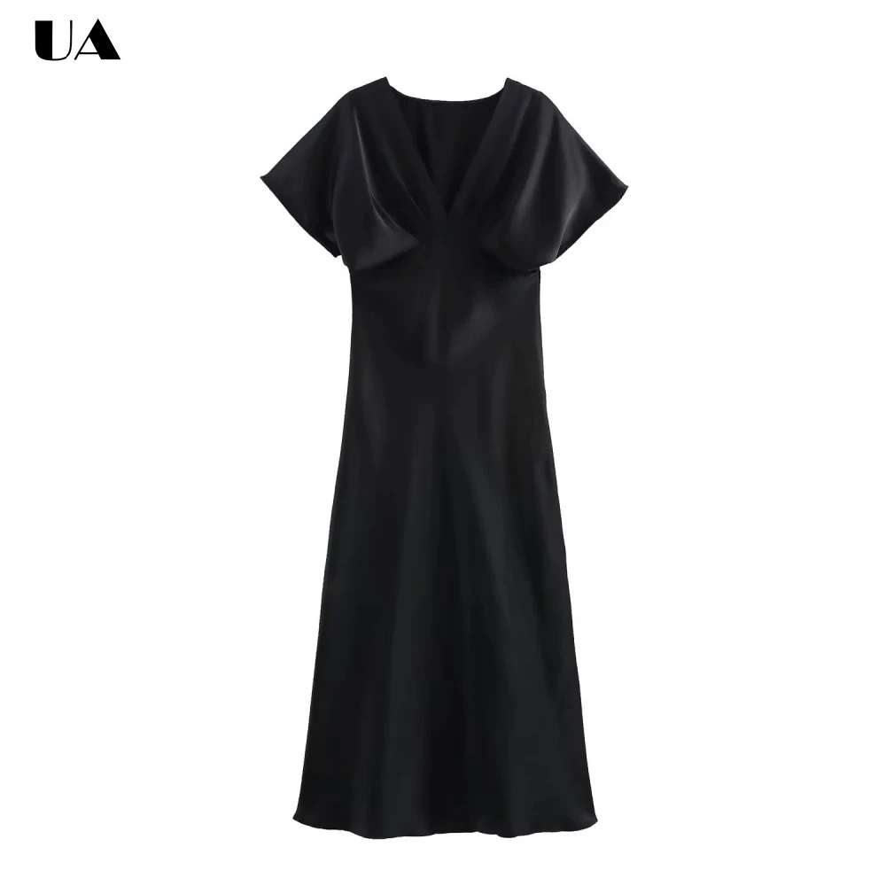 

Trendy A-line V-neck Draped Midi Dress, Elegant Short Sleeve Prom Dress for Woman, Fashionable Solid Zipped Cocktail Party Dress