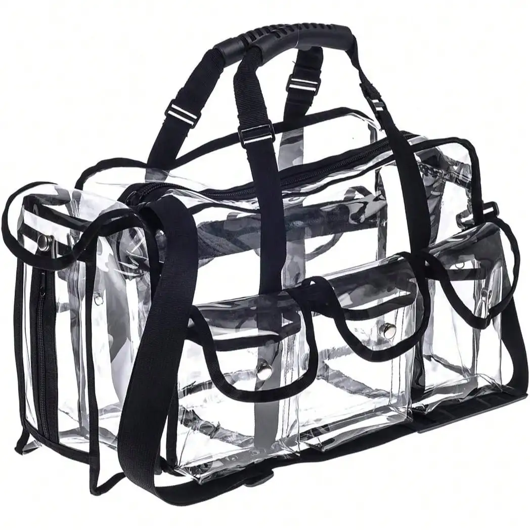 

Professional Clear PVC Makeup Organizer Bag - 6 External Pockets + Tissue Holder, Transparent Travel Cosmetic Bag