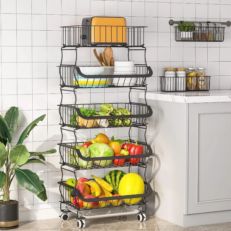 Fruit Vegetable Basket,  5 Tier Stackable Metal Wire Basket Cart with Rolling Wheels, Utility Rack for Kitchen, Pantry, Garage