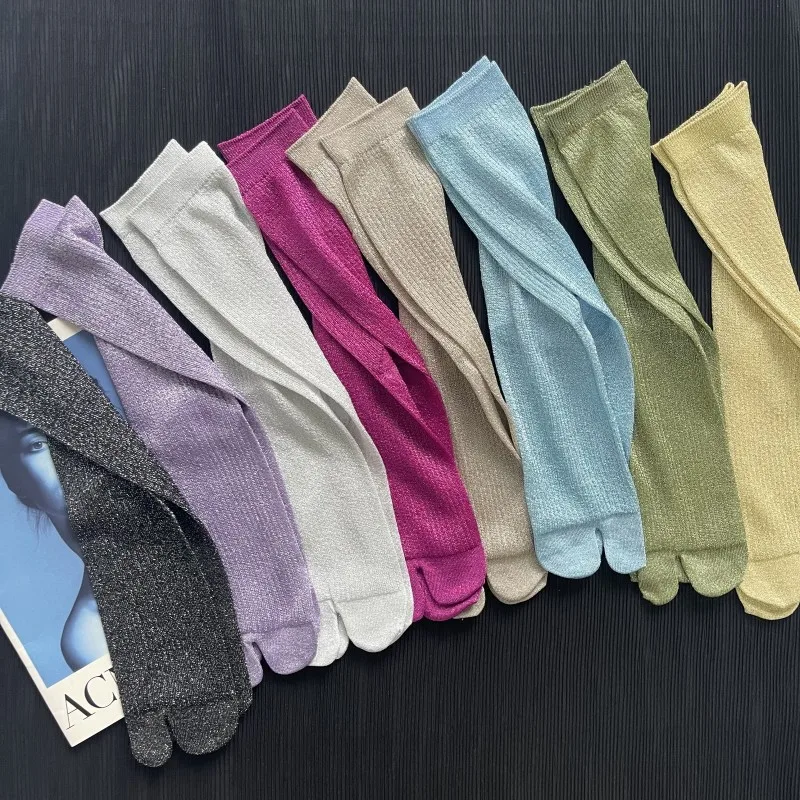 Summer Chic Fashion Ultra-Thin Split Toe Woman Socks Candy Color Colorful Golden Silk Stripe Two-Toed Japanese Harajuku Tabi Sox