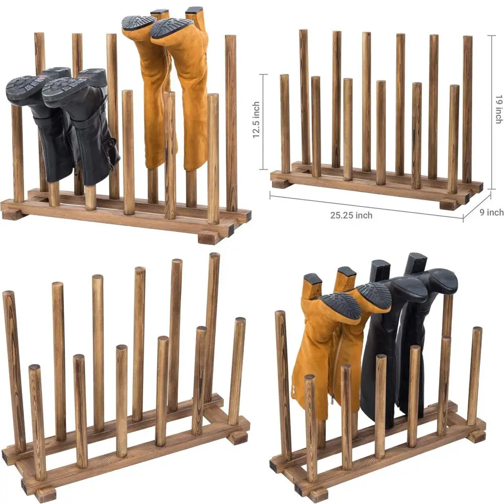 

Solid Wood Floor Standing Boot Rack, Holds 6 Pairs of Shoes, Tall & Short Boot Storage Organizer