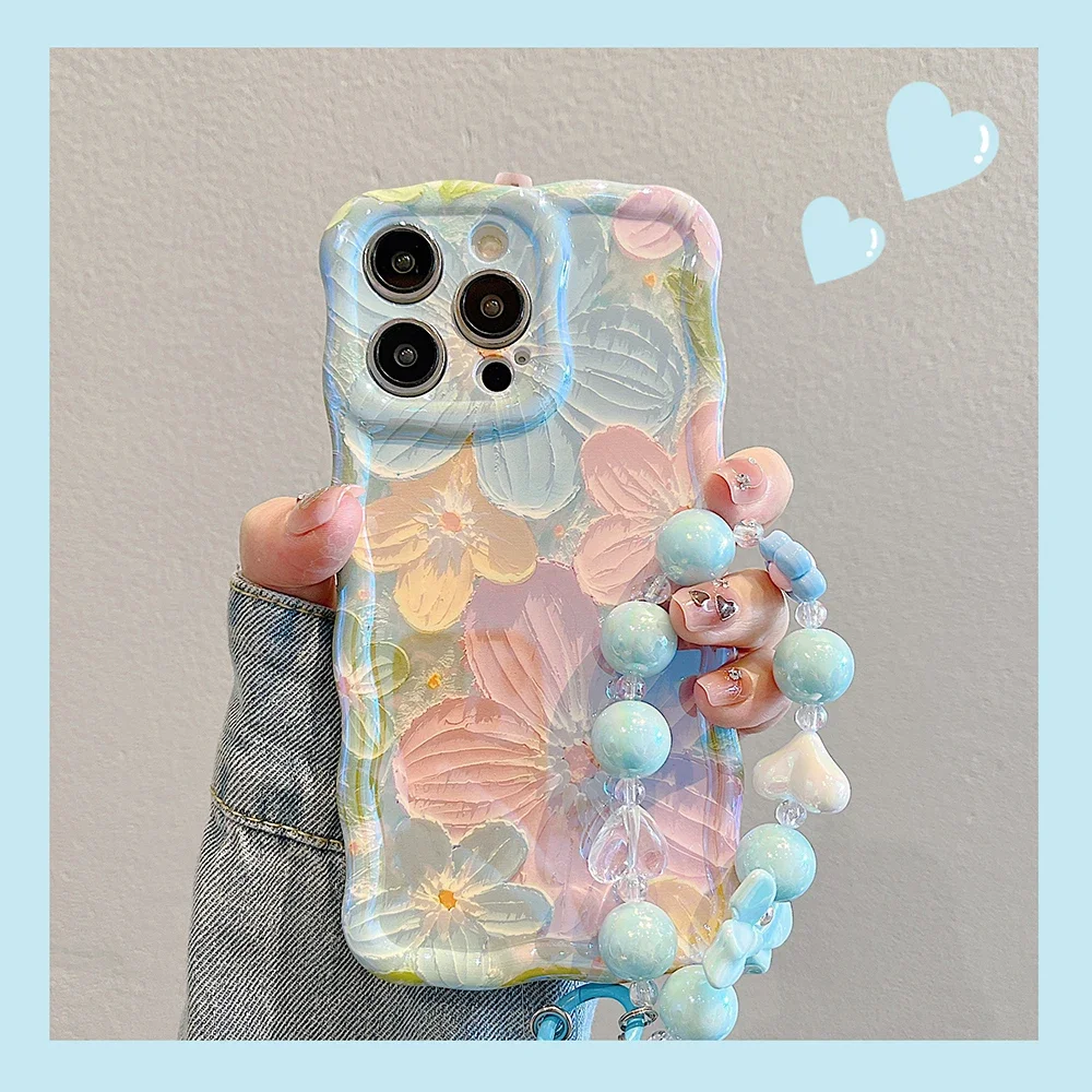 Oil Painting Flowers Phone Case For iPhone 15 14 Pro Max 11 12 13 Pro Max Shockproof Bumper Wavy Frame Cover With pearl bracelet