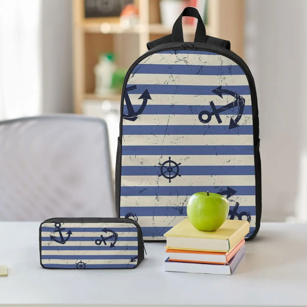 Navy Blue Nautical Anchor-Shaped Backpack Student BookBag School Bag Shoulder Bags 3ps Insulated Lunch Bag Pencil Case