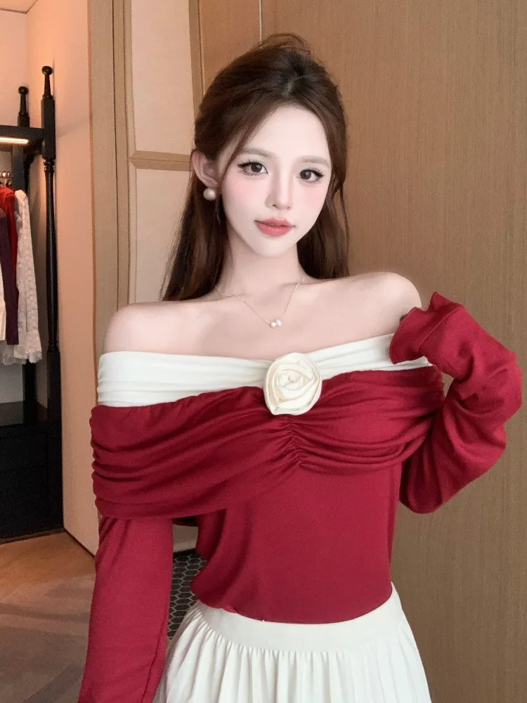 

Elegant Shoulder Bared T Shirt Women's Fashionable Splicing 3D Flower Print Sleeve Long Commute Style Slim Fit Unique Design