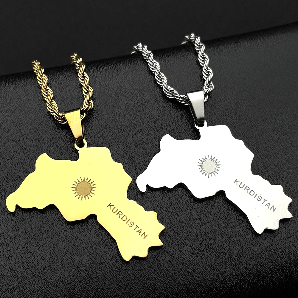 Kurdistan Map Flag Sun Pendant Necklace for Men Women Stainless Steel Gold Color Ethnic Geography Hip Hop Cuban Chain Jewelry
