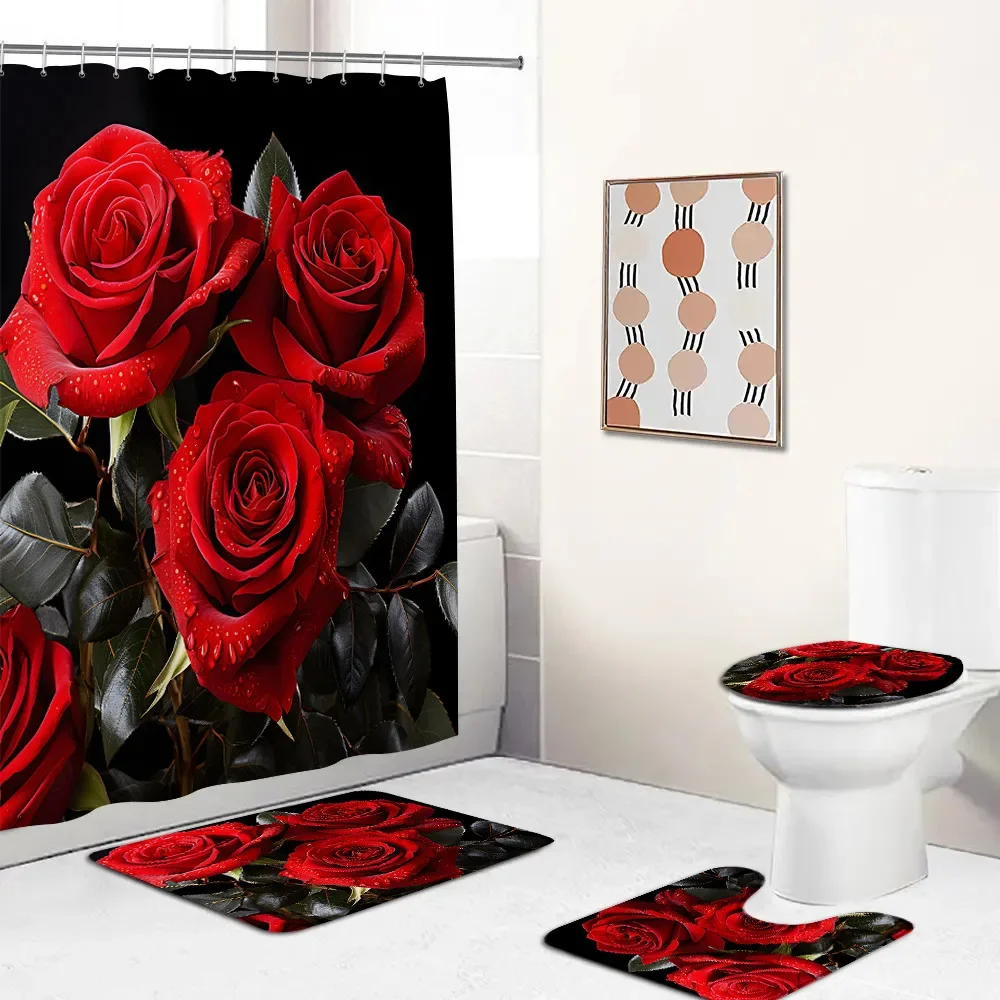 Red Roses Floral Shower Curtain Set Romantic Flower Plant Love Romance Bath Mat Modern Flannel Home Carpet Toilet Lid Cover