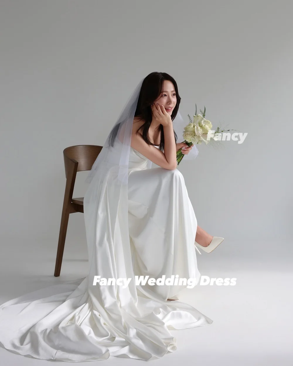Fancy Simple Strapless A Line Wedding Dress Korea Photo Shoot Elastic Satin Pleats Prom Gown Back Corset Customized