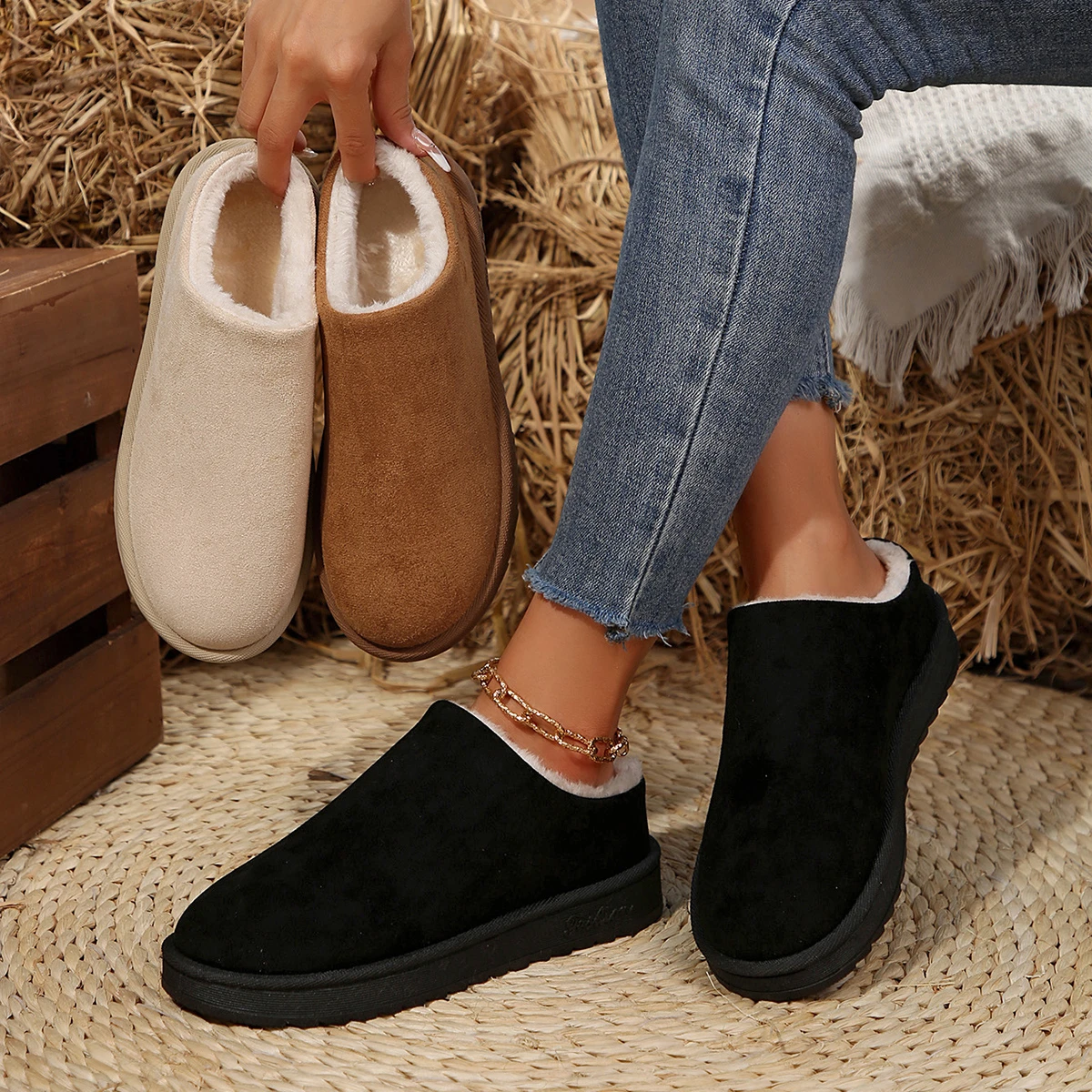 

Snow Boots Women Winter New Cashmere Warm Thick Soles Without Heel-covered Hair Half Slipper Cotton Shoes Cashmere Warm Boots
