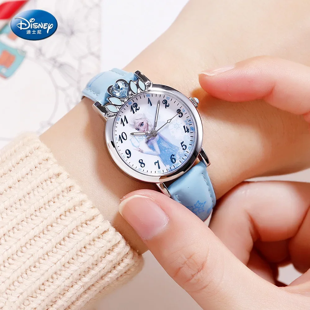 Jam Tangan Kuarsa Putri Disney Frozen Jam Tangan Wanita Tali Kulit Bundar Lucu Modis Sederhana Tahan Air 3Bar Gesper Aloi untuk Hadiah