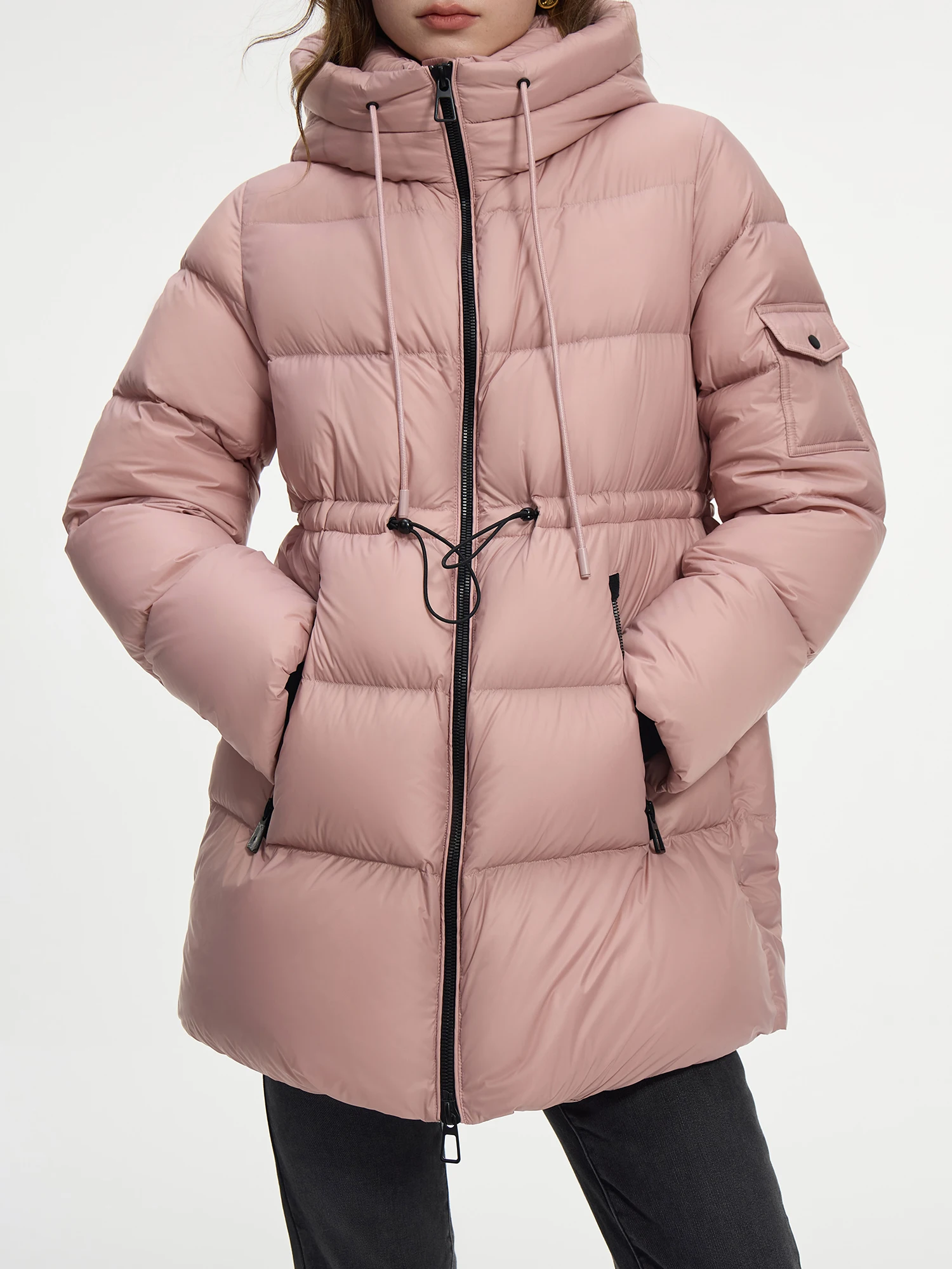 

FSLE 175G Filling Amount Women Winter Down Coat One Hand Length Casual Style Hooded Pink High Wiast Down Jackets 24FS14131