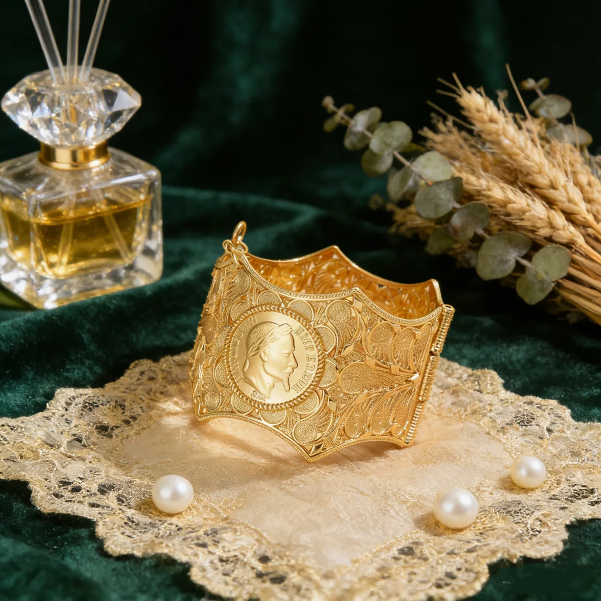 

Moroccan Middle Eastern Style Handcrafted Fashion Bracelet with Empty Flower Portrait Design for Women Wedding Sleeve Cuff