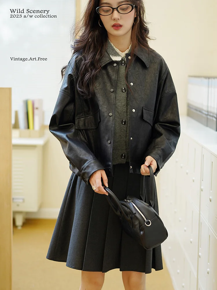 Giacca in pelle stile retrò da pilota/biker da donna, con spalle scese, vestibilità ampia, abbigliamento esterno corto, antivento, in PU, a maniche lunghe