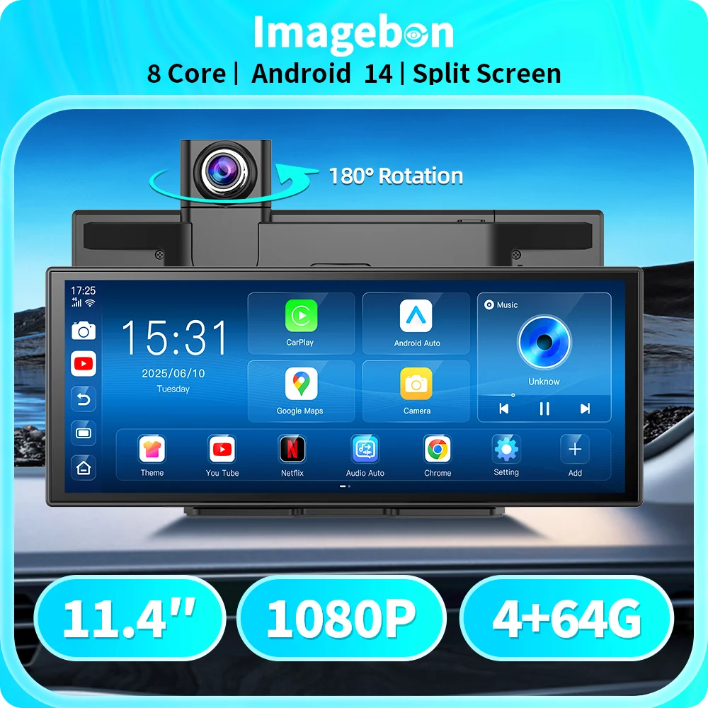 Imagebon P70 11.4" Android 14 Dashcam 8 Core Wireless Carplay & Android Auto Monitor Split Screen Car DVR GPS AI Navigation GPS