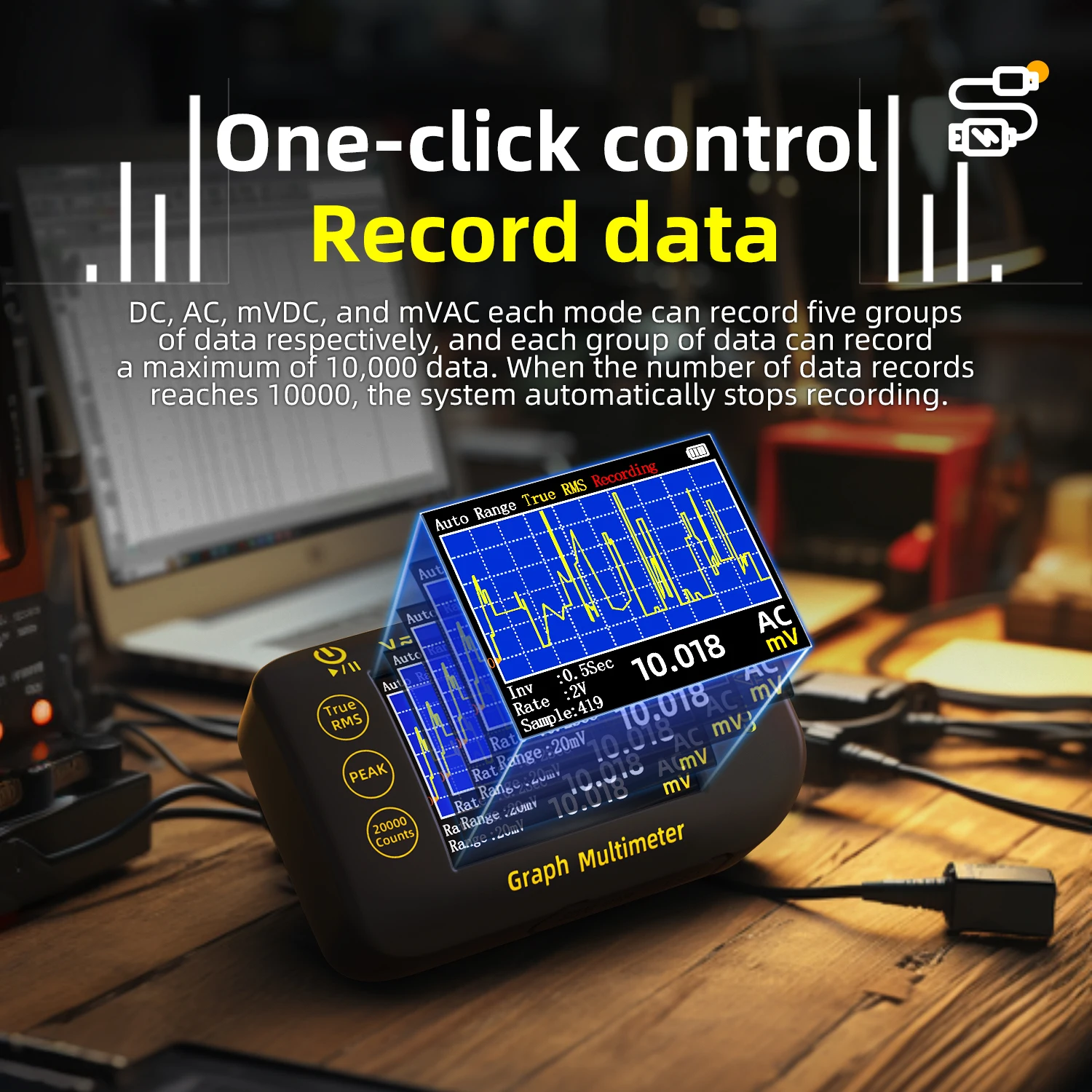 BSIDE Intelligent 20000 Counts Digital Multimeter for Voltage Waveform Recording Temperature and Lithium Battery Voltage Testing